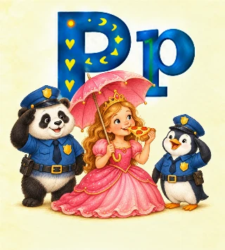 Prinsesse med paraply spiser pizza. p'et er pink. en panda og pingvin er politibetjente. i Augusta