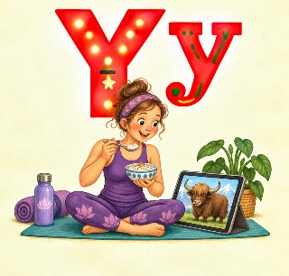 Yogalærer ser youtube om en yakokse mens hun spiser yoghurt med ymerdrys. i Augusta