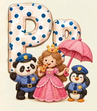 Prinsesse med paraply spiser pizza. p'et er pink. en panda og pingvin er politibetjente. i Lappeline
