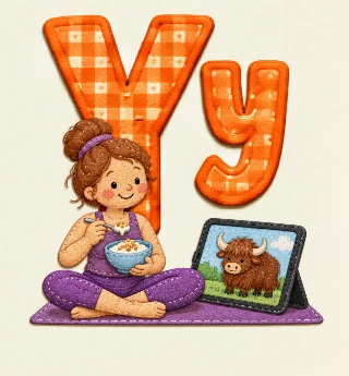 Yogalærer ser youtube om en yakokse mens hun spiser yoghurt med ymerdrys. i Lappeline