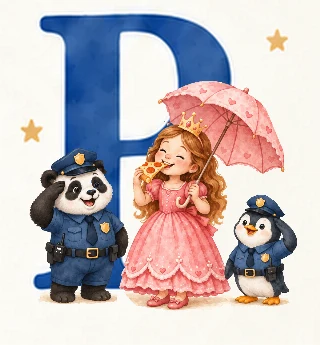 Prinsesse med paraply spiser pizza. p'et er pink. en panda og pingvin er politibetjente. i Liva