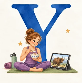 Yogalærer ser youtube om en yakokse mens hun spiser yoghurt med ymerdrys. i Liva