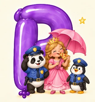 Prinsesse med paraply spiser pizza. p'et er pink. en panda og pingvin er politibetjente. i Lulu