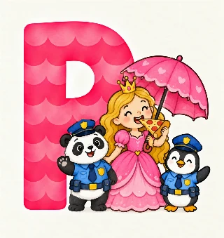 Prinsesse med paraply spiser pizza. p'et er pink. en panda og pingvin er politibetjente. i Tilde