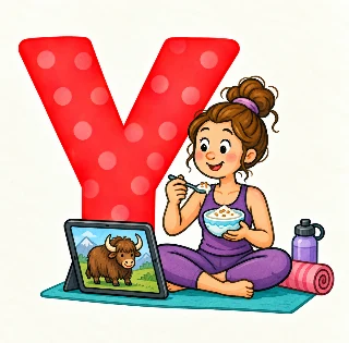 Yogalærer ser youtube om en yakokse mens hun spiser yoghurt med ymerdrys. i Tilde